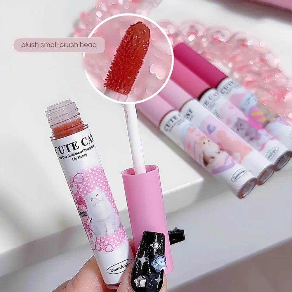 Cute Cat Fun Mirror Lip Glaze Set 6 Colors Highly Pigmented Lip Stain Hydrating Glossy Lip Makeup Perfect Gift