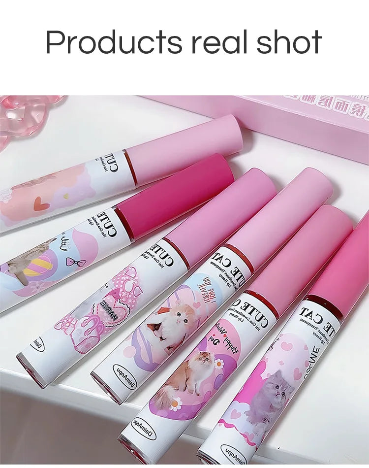 Cute Cat Fun Mirror Lip Glaze Set 6 Colors Highly Pigmented Lip Stain Hydrating Glossy Lip Makeup Perfect Gift
