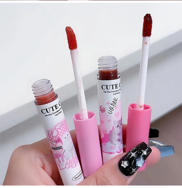 Cute Cat Fun Mirror Lip Glaze Set 6 Colors Highly Pigmented Lip Stain Hydrating Glossy Lip Makeup Perfect Gift