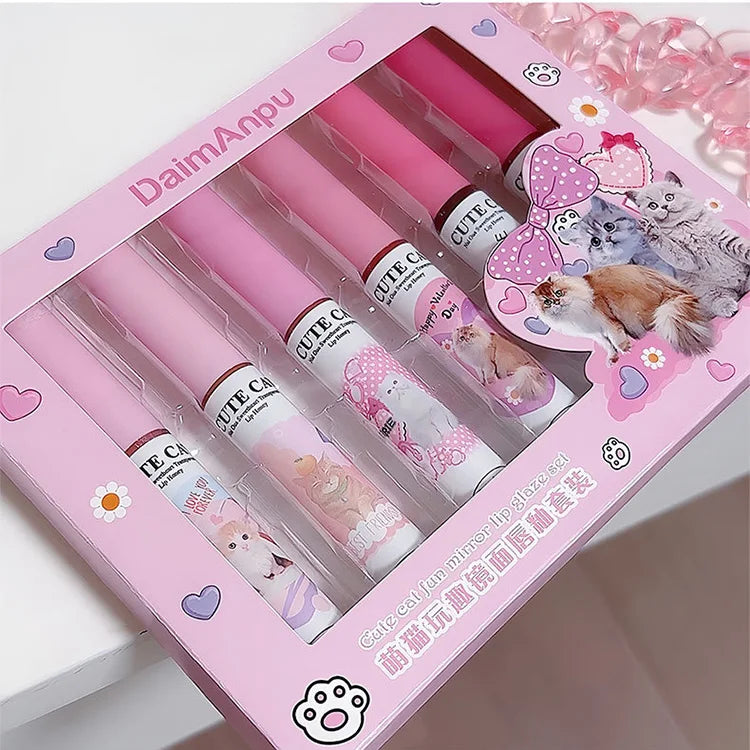 Cute Cat Fun Mirror Lip Glaze Set 6 Colors Highly Pigmented Lip Stain Hydrating Glossy Lip Makeup Perfect Gift