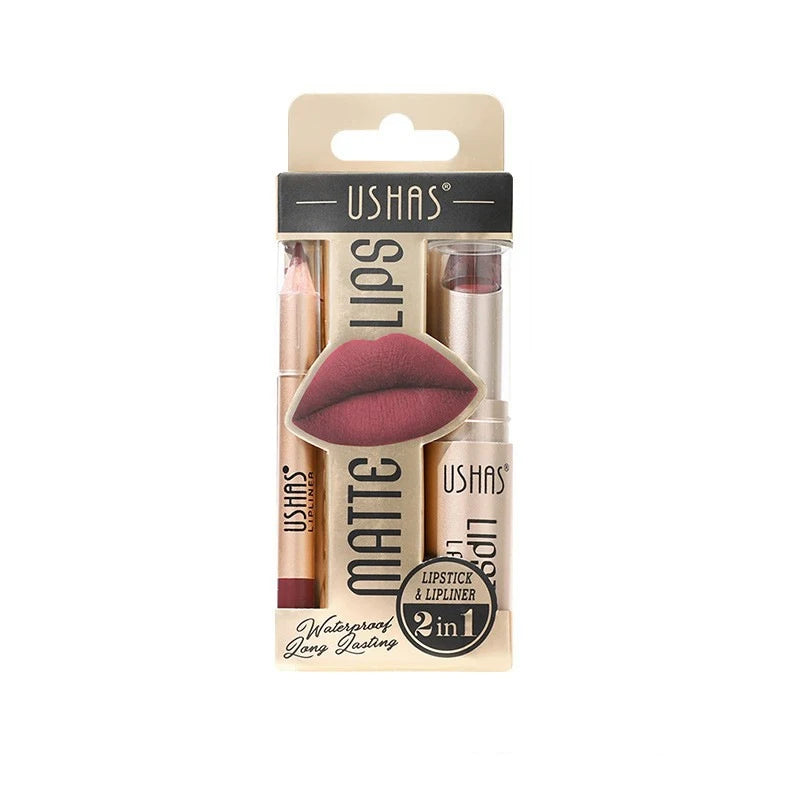 USHAS 12 Color Lip Liner + LIPSTICK Set Easy Coloring Matte Lipstick Long lasting nude red lipstick