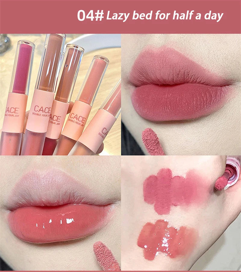 Double End Lip Glaze Full Gloss Mirror And Matte Velvet Long Term Color And Moisture Lip Gloss Anti Stain Cosmetic Lip Glaze