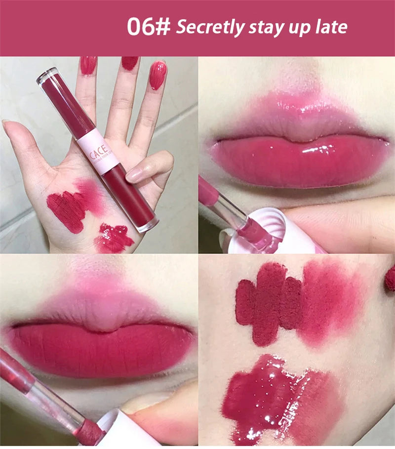 Double End Lip Glaze Full Gloss Mirror And Matte Velvet Long Term Color And Moisture Lip Gloss Anti Stain Cosmetic Lip Glaze