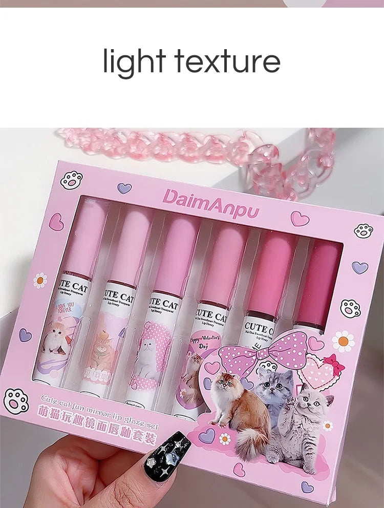 Cute Cat Fun Mirror Lip Glaze Set 6 Colors Highly Pigmented Lip Stain Hydrating Glossy Lip Makeup Perfect Gift